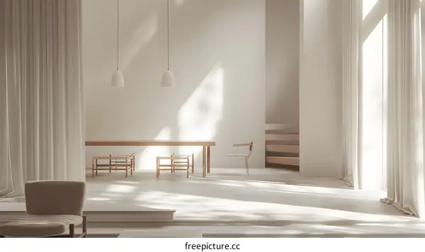 Minimalist White Living Room Interior With Light  and Curtains