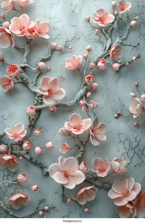 3D Wall Mural Featuring Cherry Blossoms in Relief