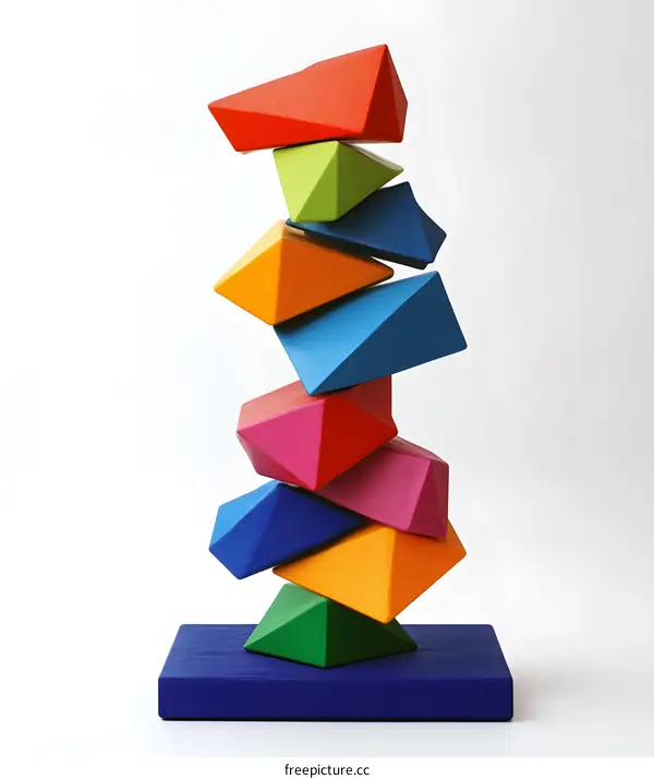 Colorful Wooden Geometric Shapes Stacked on Blue Base