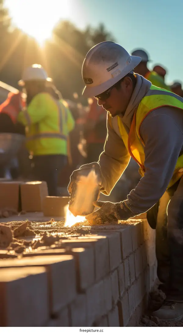 Construction worker laying bricks at a construction site