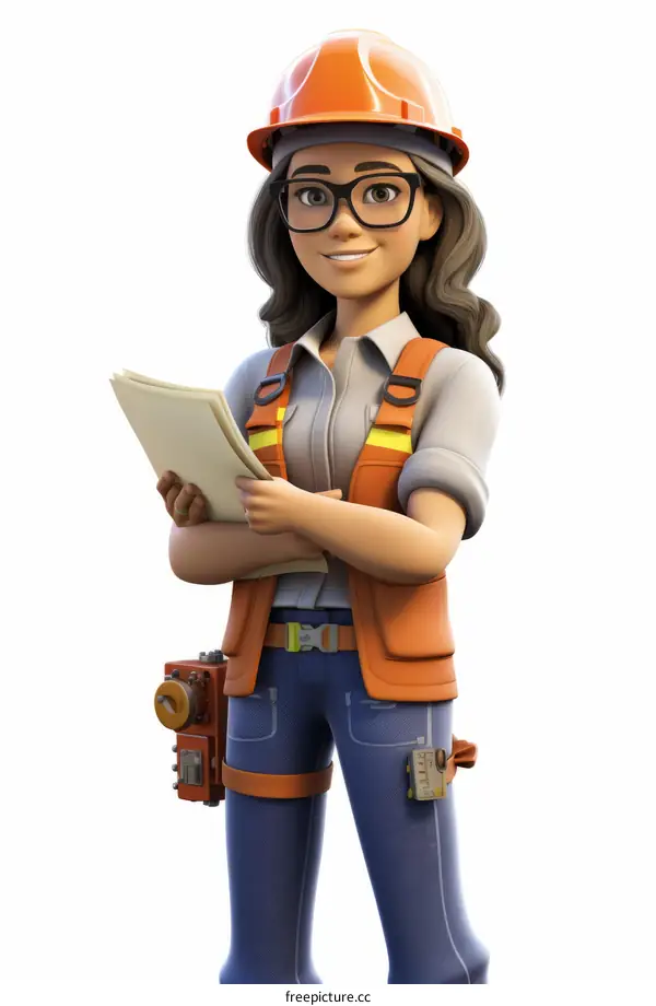 Illustration of a Female Construction Worker in Hardhat, Glasses, and Safety Vest