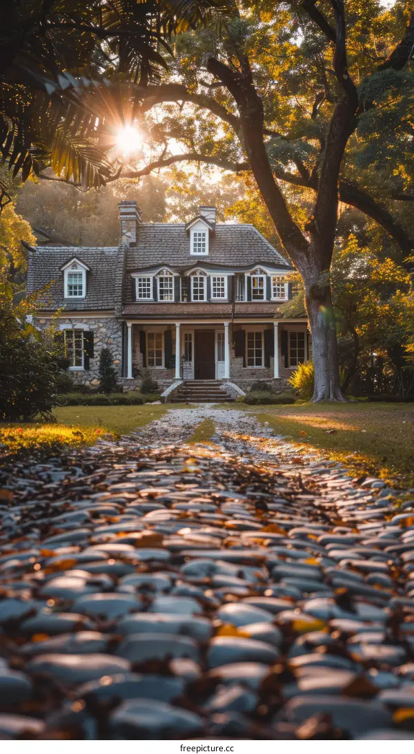 Charming Southern Mansion with Stone Path and Sunlight