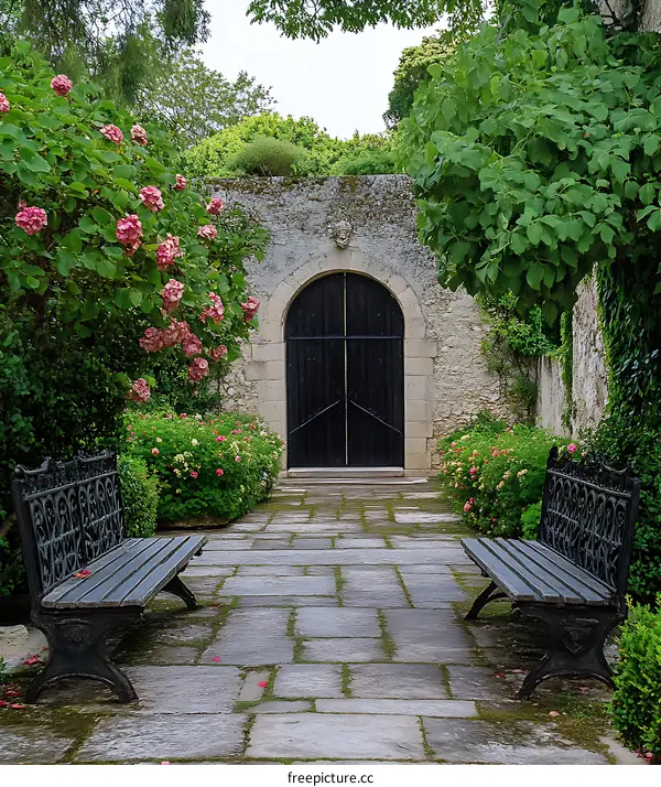 Stone Pathway Leading to a Black Wooden Gate in a Garden Setting