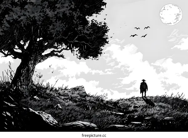 Lonely Figure Standing Under a Large Tree and Looking at the Full Moon