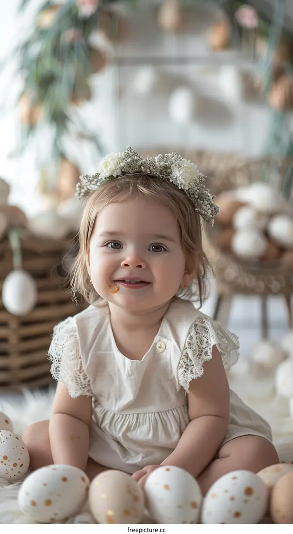 Portrait of a cute baby girl with a flower crown sitting among Easter eggs