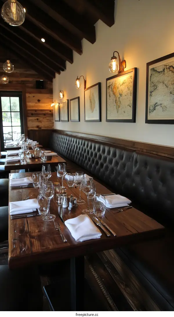 Rustic Restaurant Dining Area with Vintage Maps