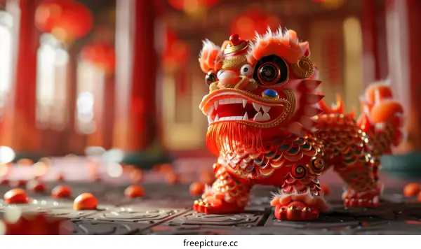 Chinese New Year Lion Dance Costume in Temple