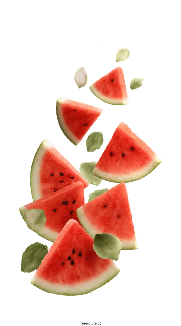 [Transparent Background PNG]Watermelon Slices in Motion with Fresh Mint Leaves