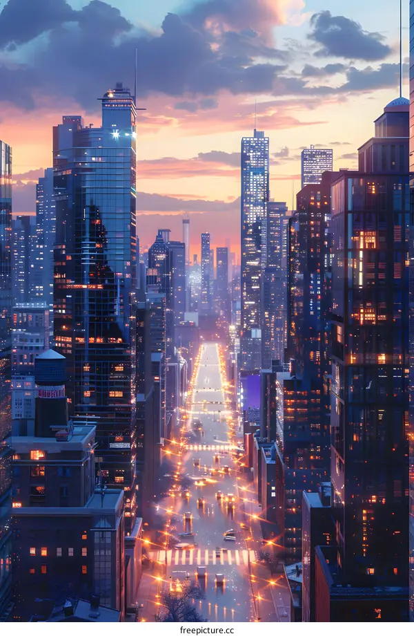 A stunning cityscape of a bustling metropolis at dusk