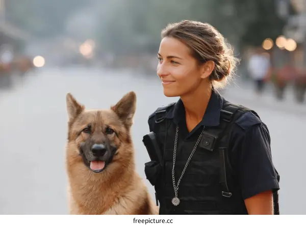 Female Police Officer with German Shepherd Dog on Duty
