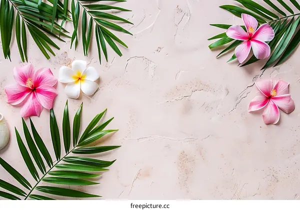 Tropical Flowers and Palm Leaves on Pink Background