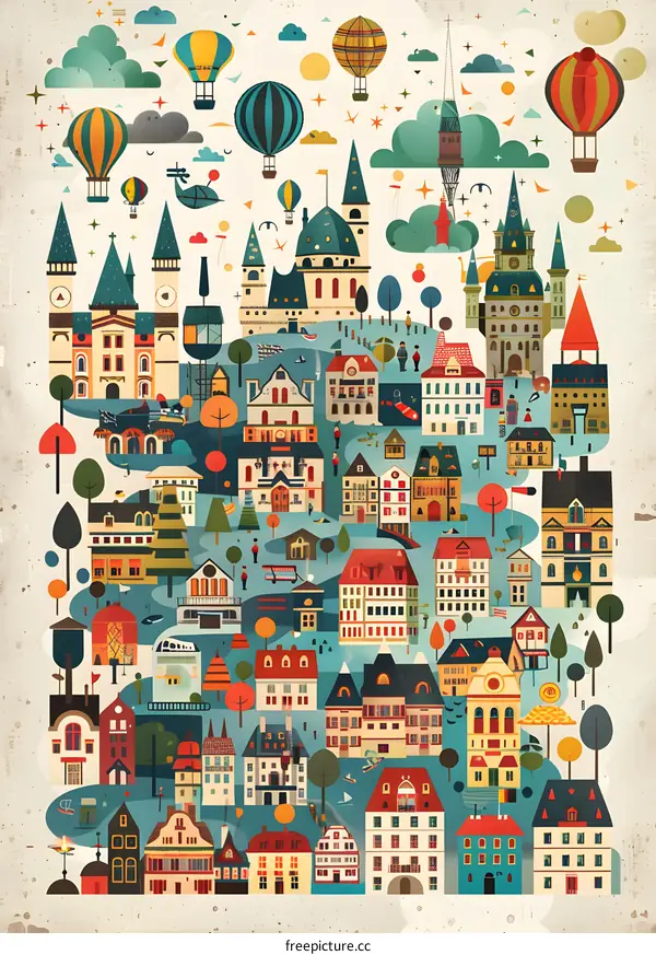 Colorful Illustration of a Small Town with Hot Air Balloons