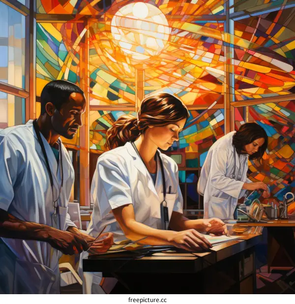 Three doctors in a room with stained glass windows