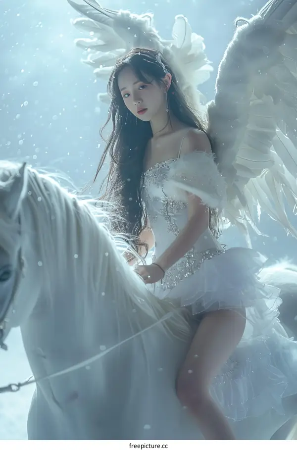 An ethereal maiden rides a white horse through a snowy dreamscape
