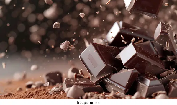 Heap of dark chocolate pieces with cocoa powder