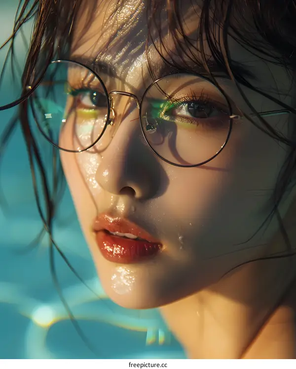 Close Up Portrait of Asian Woman in Swimming Pool with Round Glasses