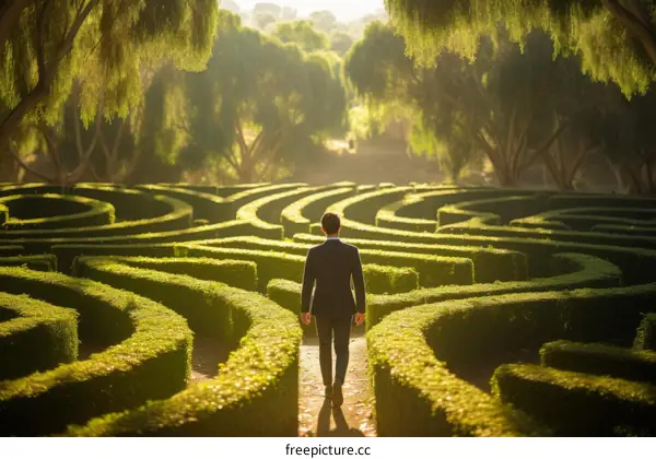Man in suit walking through a hedge maze