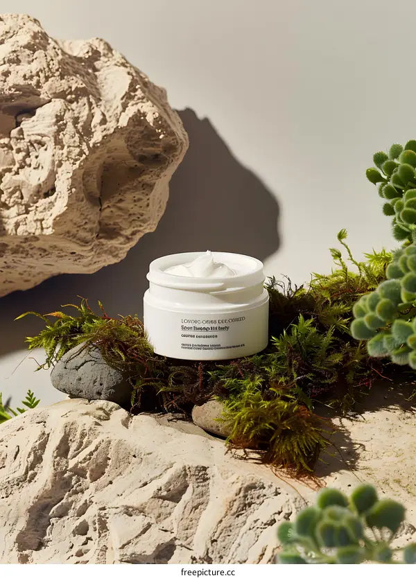 Natural Skin Care Cream Jar On Rocks And Moss