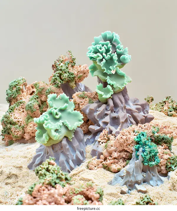 Abstract Green Coral Formations on Sandy Surface
