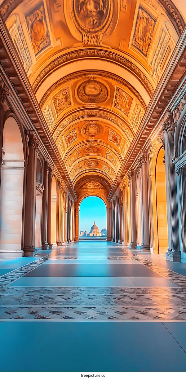Arched Corridor Leading to Historic Landmark