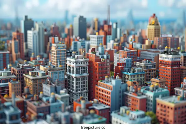 Stylized Cityscape Illustration with Colorful Buildings