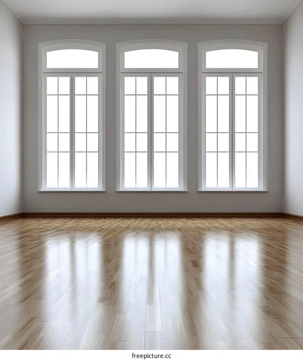 Empty Room with Three Windows and Wooden Floor