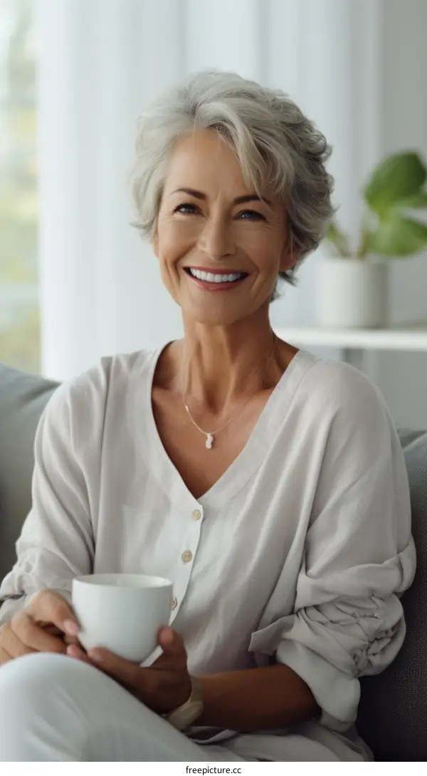 Portrait of a smiling mature woman with grey hair holding a cup of tea