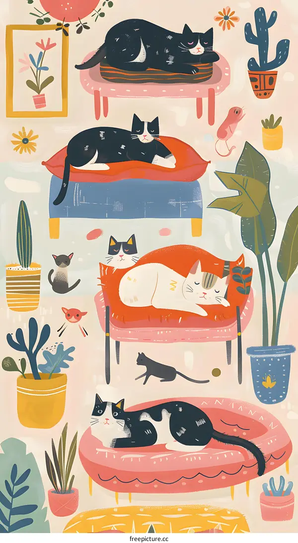 Cute Cats Sleeping on Pillows and Furniture