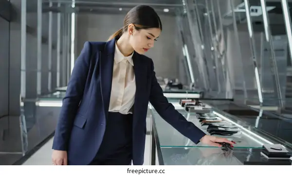 Business Woman Examining Display of Fashion Accessories in Modern Store