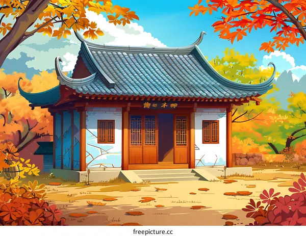 Traditional Chinese Architecture Illustration with Autumn Trees and Leaves