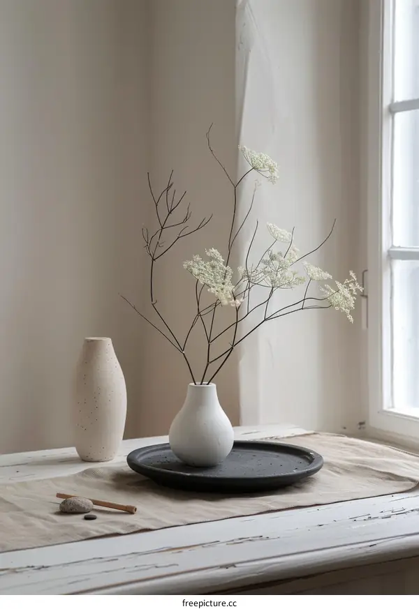 White Flowers in a Ceramic Vase on a Wooden Table