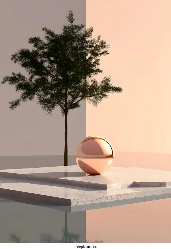 Minimalist 3D Render of a Sphere and Tree on a Platform