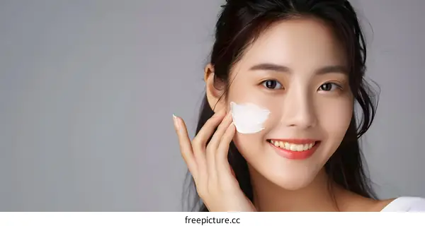Asian Woman Applying Face Cream with Smiling Expression