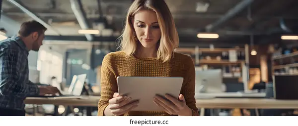 Young Woman Using Tablet in Modern Office