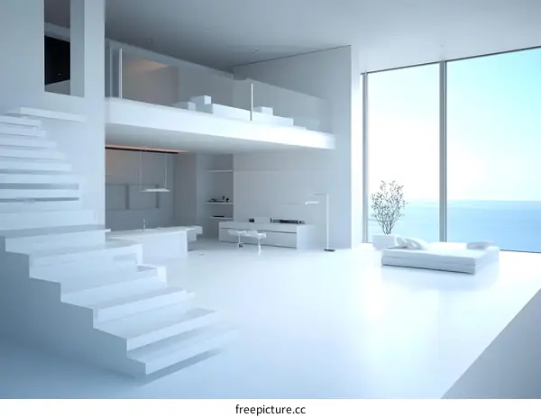 Modern Minimalist White Interior Design Living Room with Large Windows and Ocean View