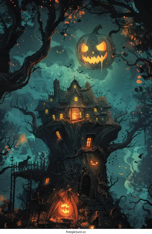 A spooky tree house in the middle of a dark forest