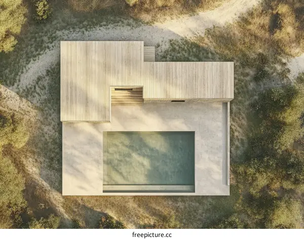 Modern Minimalist Wooden House with Pool Aerial View