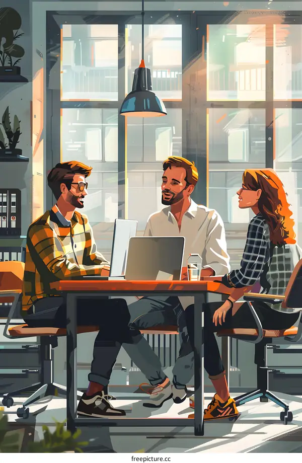 Illustration of business people discussing work in an office