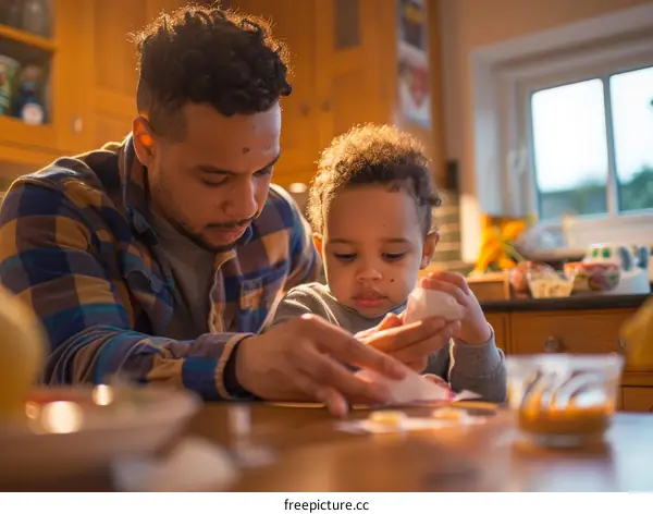 Father and son are making dumplings together in the kitchen