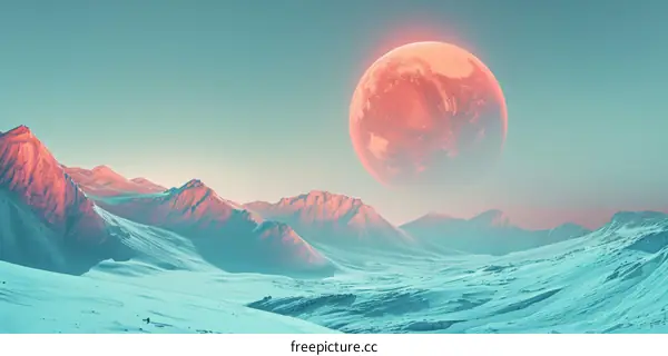 Snowy Mountain Landscape at Night with Crimson Red Moon