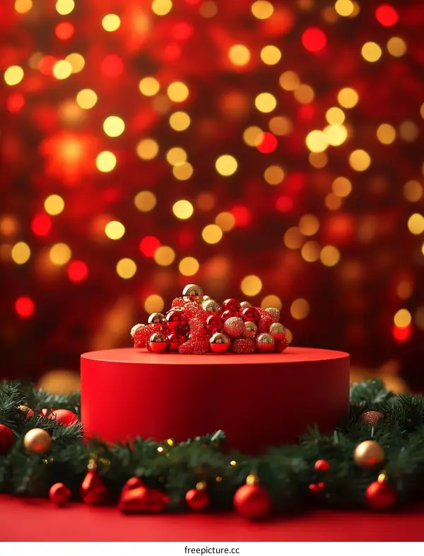 Red Christmas Display Podium Decorated with Ornaments