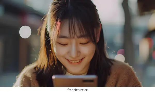 Smiling Young Woman Using Her Phone in the City