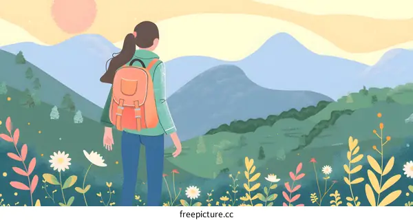 Woman with Backpack Looking at Mountains in the Distance