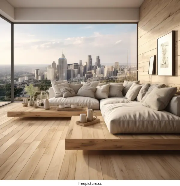 Modern living room with large window and city skyline view