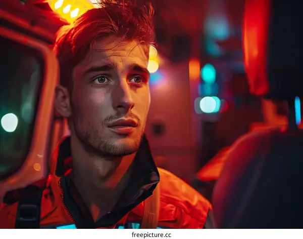 Portrait of a young male paramedic looking out the window of an ambulance
