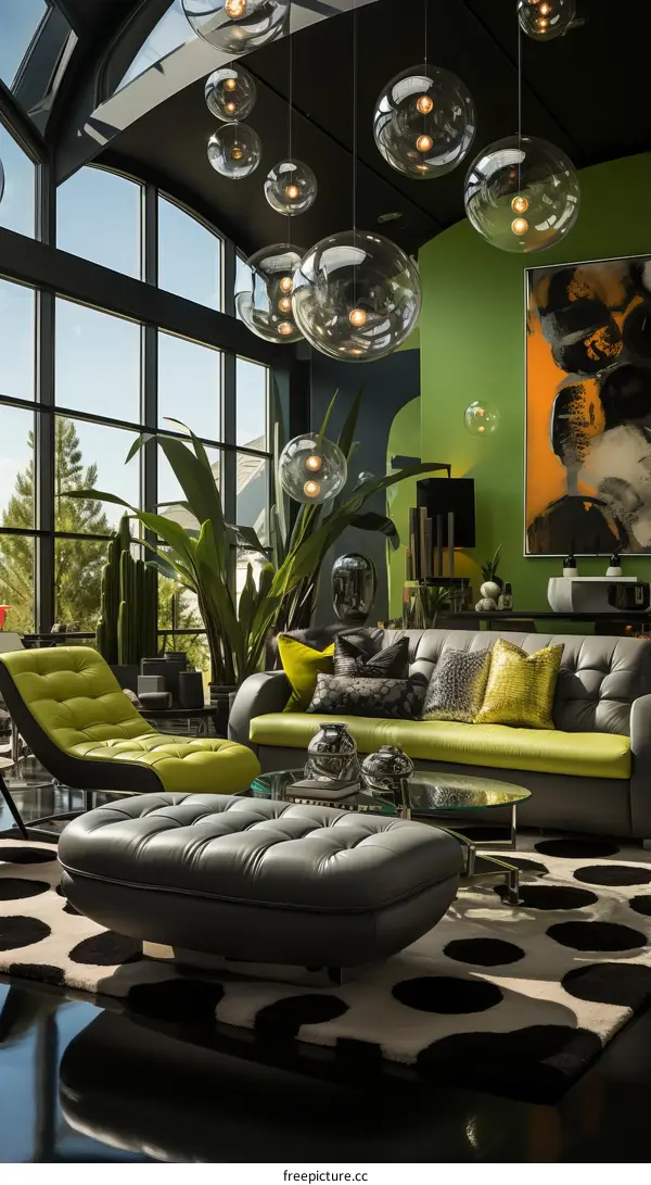 Modern living room with a green wall, a black leather sofa, and a gray ottoman