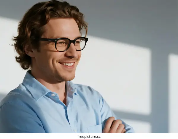 A man in a light blue shirt with crossed arms smiling