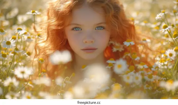 Portrait of a redheaded girl with blue eyes standing in a field of daisies