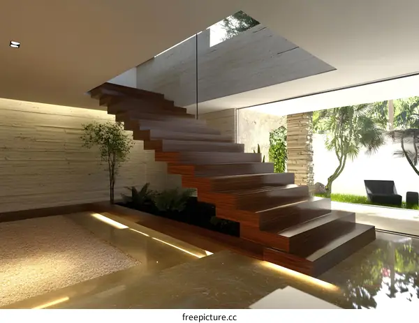 Modern Interior Design With Wooden Staircase And Indoor Garden