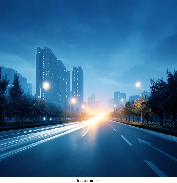 Night Cityscape Road with Blurry Car Light Trails